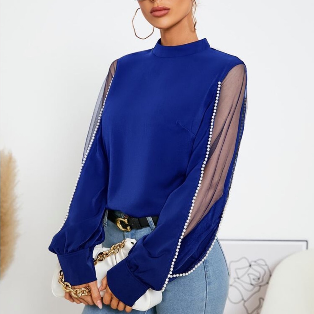 Elegant Sheer Mesh Long Sleeve Pearls Beaded Mock Neck Blouse Blue - Picture 4 of 14